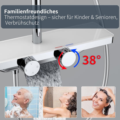 Thermostaat Douchesysteem – Regendouche – Handdouche – Watervalletuit – Douchepaneel – Glasplank 40x10 cm – Veilig 38°C Temperatuurstop – 12 inch 360° Draaibare Regendouchekop