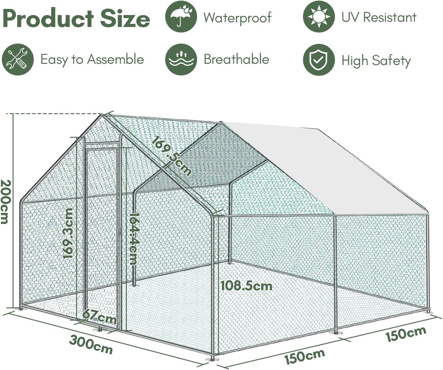 Kippenren – Kipverblijf – Kippenhok – Buitenren – Konijnenren – Stevig Gegalvaniseerd Stalen Frame – Waterdichte PE Zonwering 3x3x2 m