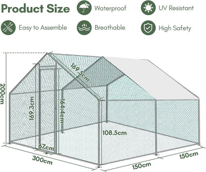Kippenren – Kipverblijf – Kippenhok – Buitenren – Konijnenren – Stevig Gegalvaniseerd Stalen Frame – Waterdichte PE Zonwering 3x3x2 m