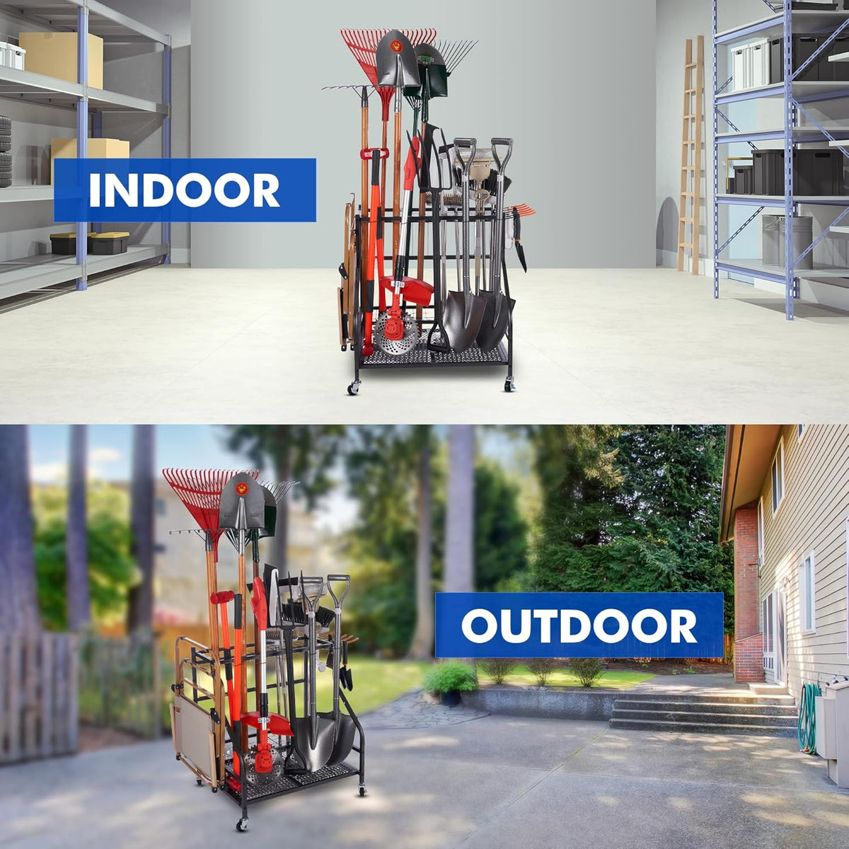 Tuingereedschap Opbergen - Gereedschapsorganizer - Tuingereedschapsrek - met Haken - Wielen - 3-tier Metalen Utility Planken - Opslag Houder - voor Gazon - Schuur - Garage - Tuin - 71 x 26.5 x 71.5 cm - Zwart