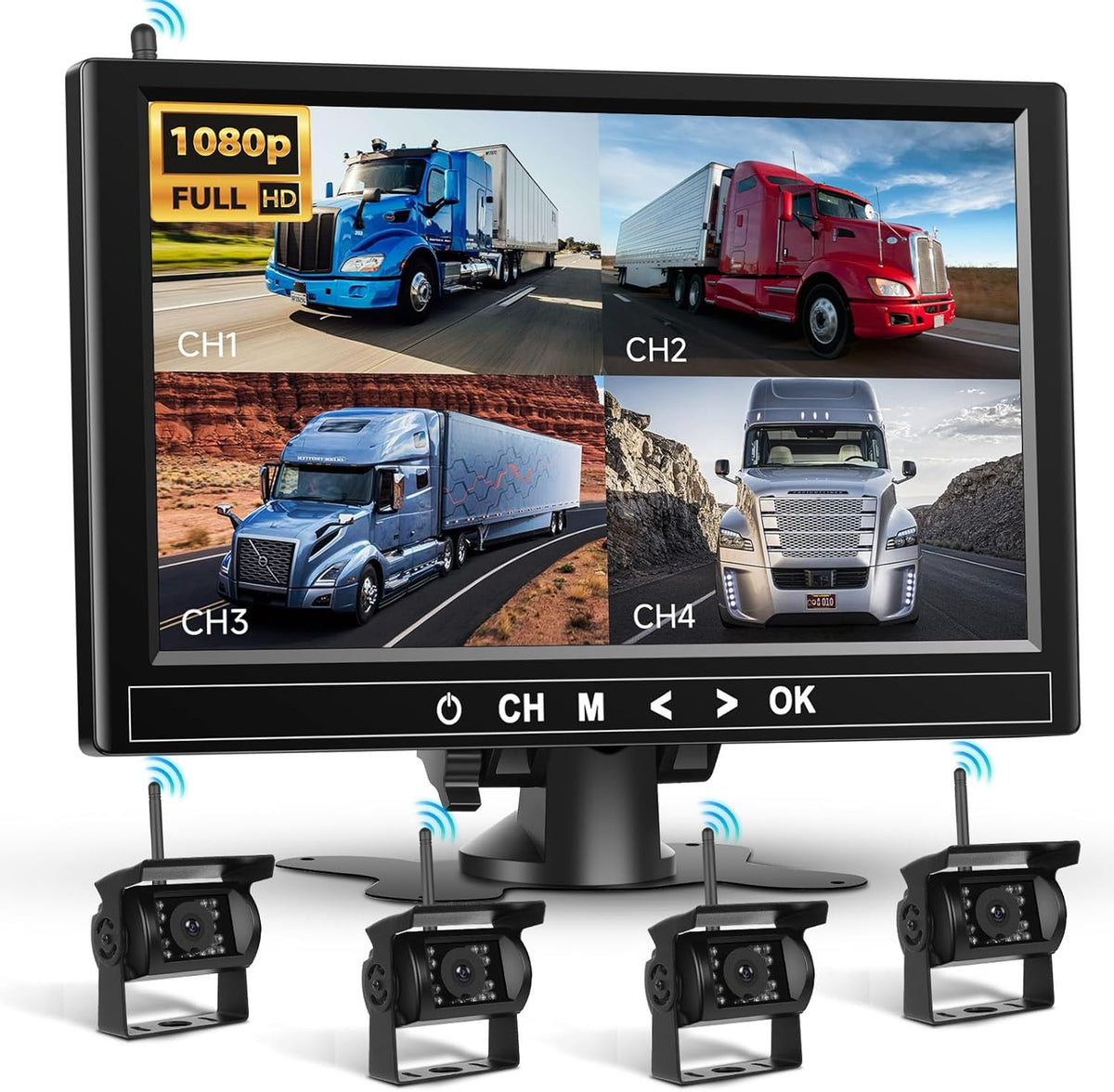 Podofo 9" quad-monitor set met 4 camera's, 1080p, IP68, nachtzicht, dodehoekdetectie, geschikt voor campers/trailers/vrachtwagens.