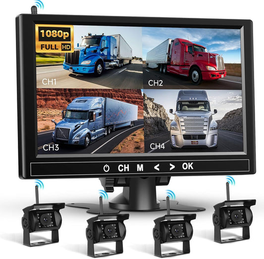 Podofo 9" quad-monitor set met 4 camera's, 1080p, IP68, nachtzicht, dodehoekdetectie, geschikt voor campers/trailers/vrachtwagens.