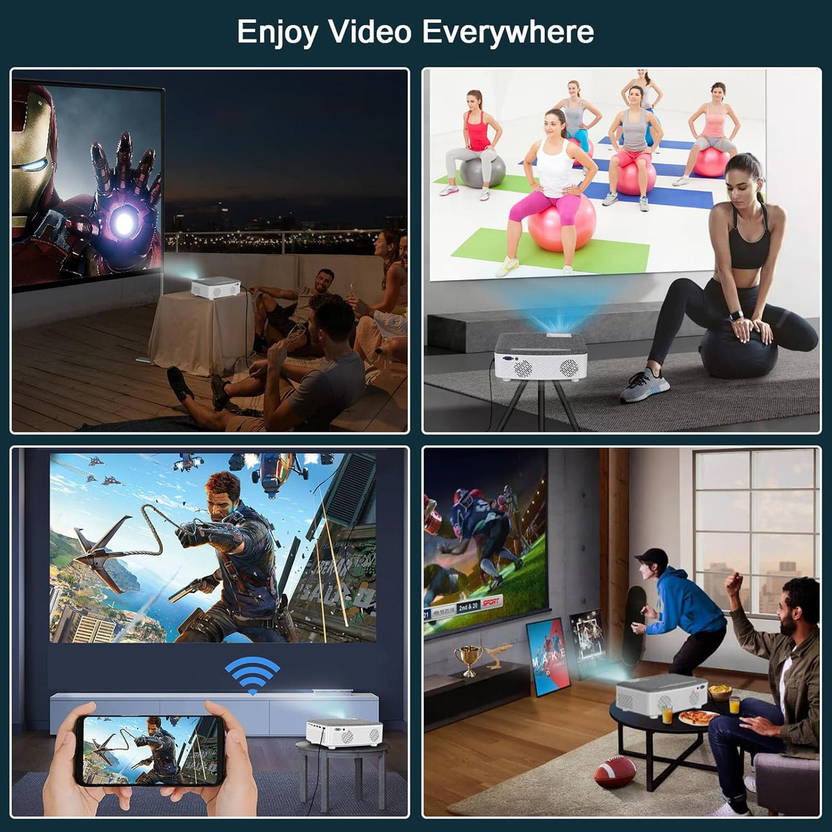 Beamer, wifi-beamer met 120 inch scherm, 7500 lumen WLAN Bluetooth beamer ondersteuning 1080p video, met hifi-luidspreker, compatibel met Fire Stick, smartphone, tablet