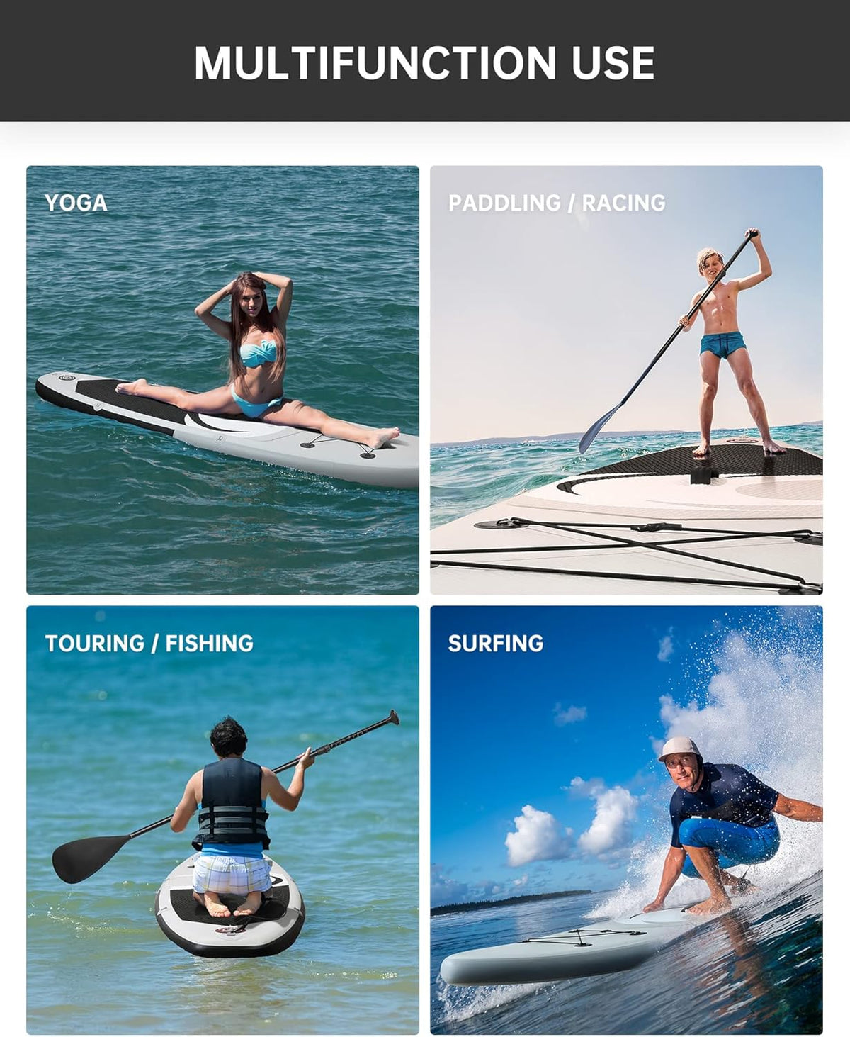 BODIOO Opblaasbaar paddleboard, stand-up paddle-board, SUP met premium paddle-board-accessoires en antislip dek, ISUP-rugzak-paddle-lijnpomp voor visyoga, voor volwassenen en jongeren en kinderen, wit
