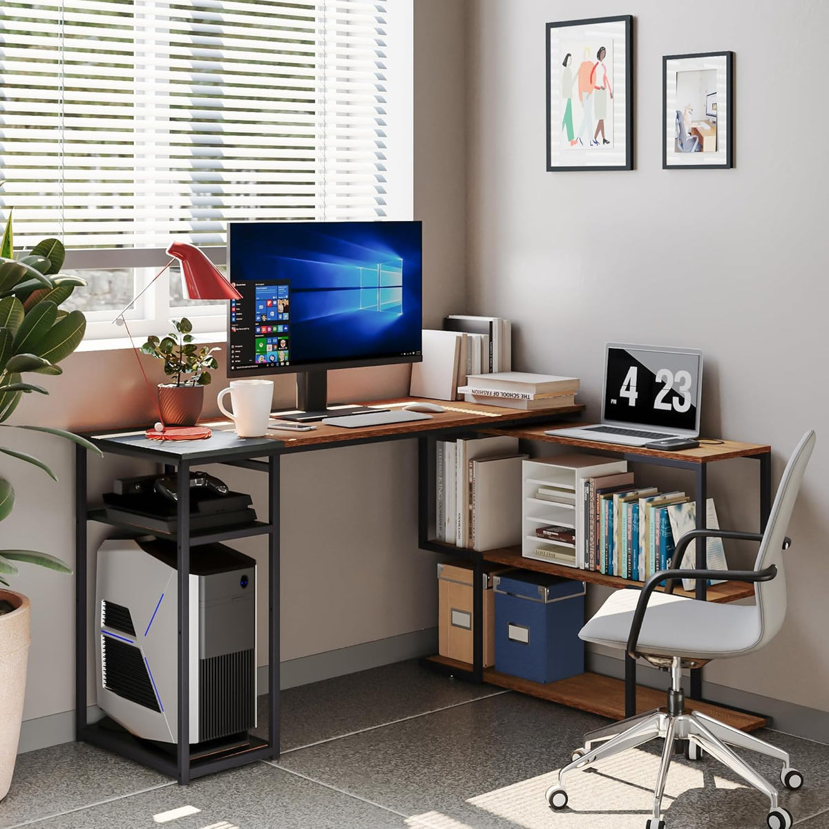 Mondeer L-vormig computerbureau, hoekbureau, 360° draaibare planken en verstelbare opbergplanken, ruimtebesparend voor thuiskantoor, studio-werkstation, rustiek bruin en zwart