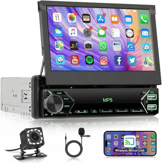 1 DIN autoradio met Bluetooth, iOS/Android Mirror Link, 7-inch handmatig inklapbaar touchscreen, Bluetooth handsfree bellen, FM-radio/USB/AUX/EQ/Type C, stuurwielbediening + achteruitrijcamera