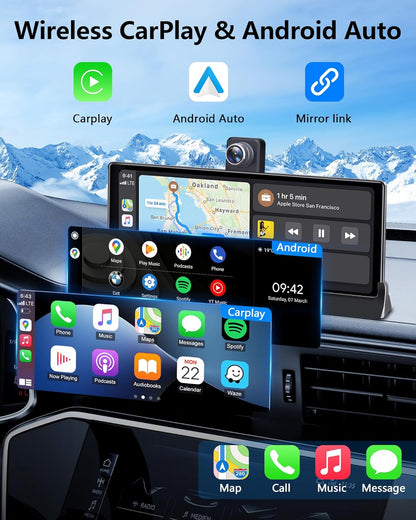 4K Apple Carplay Android autodisplay met exclusieve houder, 350° draaibaar 10,26 inch autodisplay, Car Play scherm, Buddy display met Siri/G-oogle GPS-navigatie, bluetooth, 64 GB TF-kaart