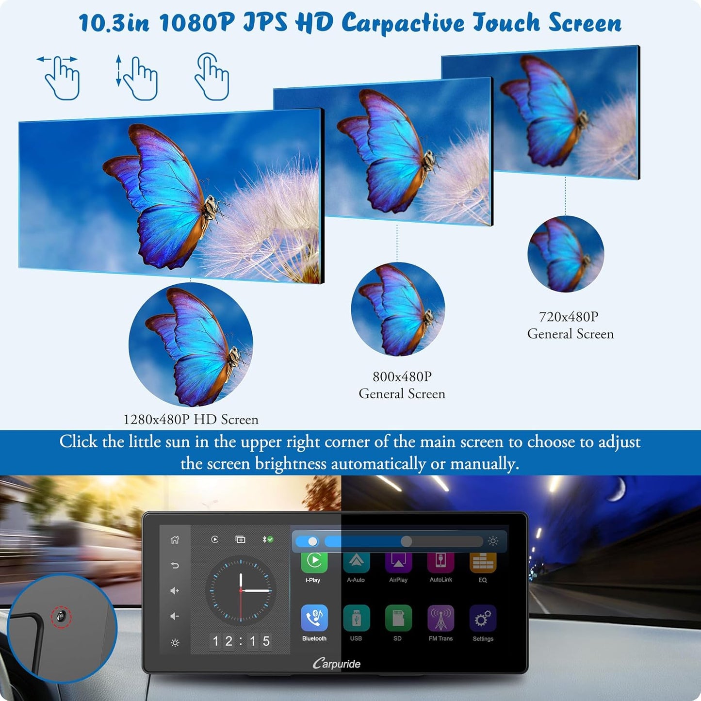 Carpuride W103 Pro met Draadloze Bluetooth Transmissie Draagbare Apple Carplay & Android Auto Autoradio, 10,3 inch 1080P Touchscreen, Mirror Link/GPS/Siri/FM/Google, Dashboard Gemonteerd