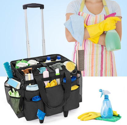 LoDrid reinigingstas met afneembare trolley, draagbare reinigingswagen op wielen voor schoonmaakmiddelen, professionele werktas op wielen voor schoonmaken, zwart