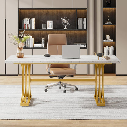 Tribesigns 160cm Large Desk, Modern Rectangle Executive Desks with Stylish Gold Legs, Wooden Faux Marble Desk, Business Furniture Work Desk for Home Office, White and Gold