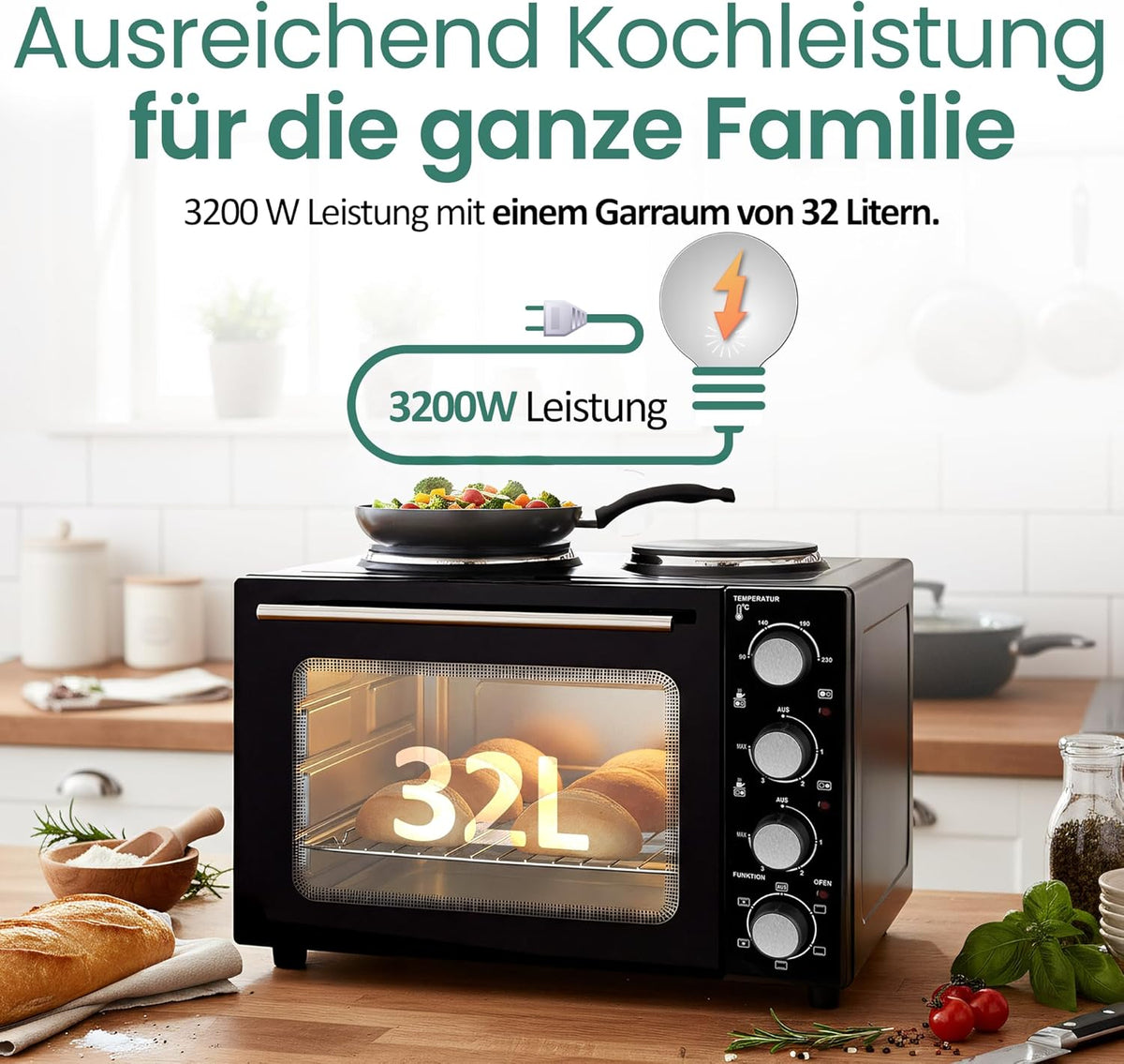 EMERIO MO-125236.4 Oven met 32 liter + 2 kookplaten | hete lucht + boven-/onderwarmte | timer + temperatuurregelaar | incl. bakplaat & grillrooster | compacte tafeloven voor pizza, broodjes