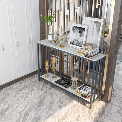 FATIVO 2-laags consoletafel gangunit: marmeren blad consoles bureau 120x30x78cm lang hoogglans gesinterde steen marmer zwart frame frame smalle hoge moderne bank opslag bijzettafels woonkamer