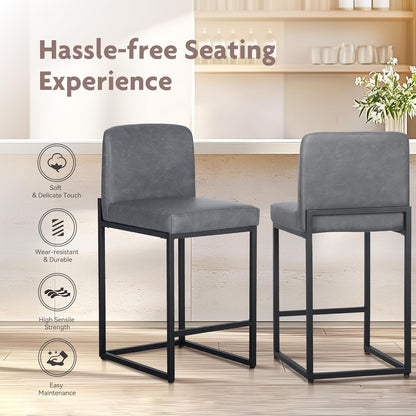 ALPHA HOME Bar Stool Set of 2 Bar Stools with Backrest, PU Leather, Kitchen Stool, Bar Chair, Set of 2 with Footrest, for Countertop, Stable Metal Steel Frame, Grey