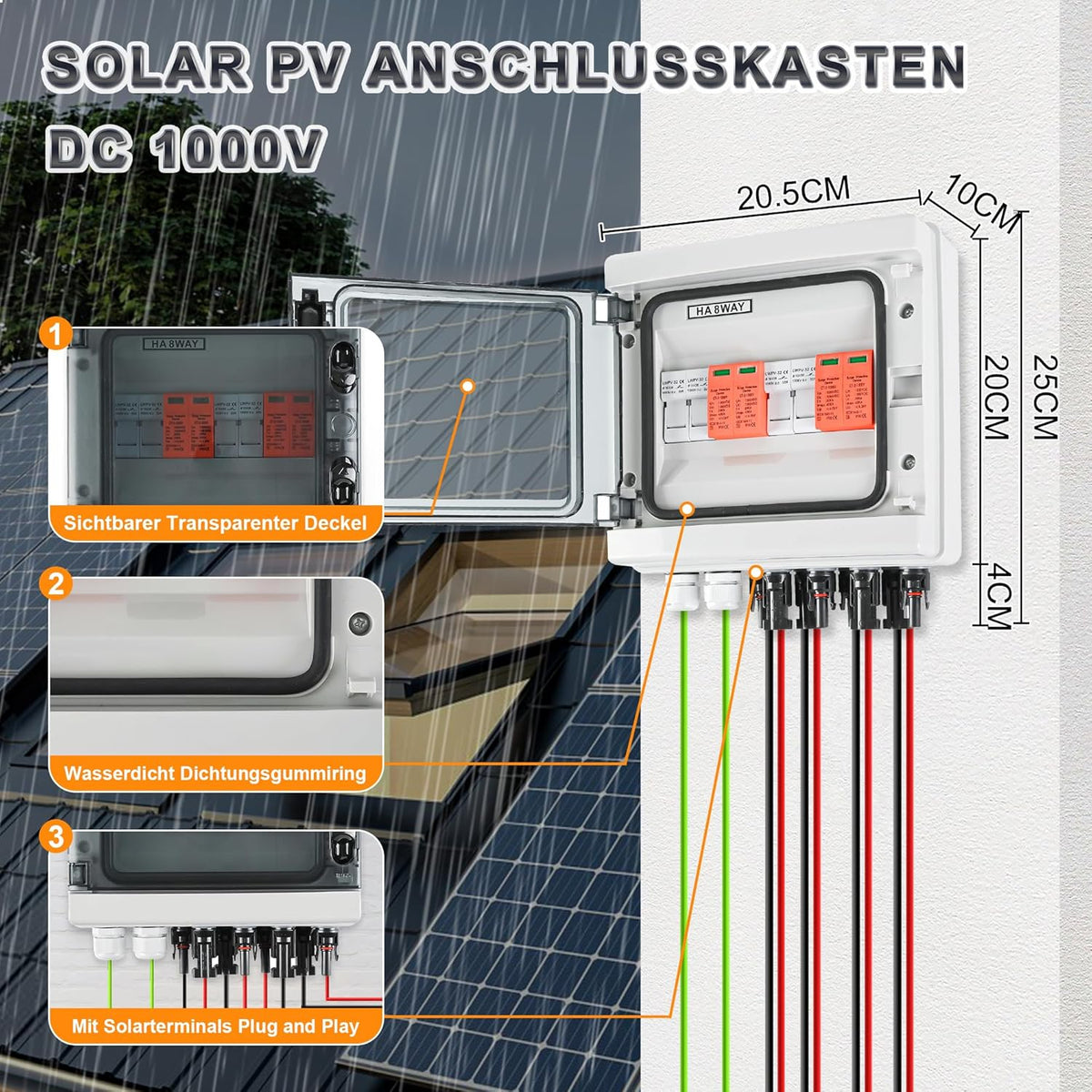 Overspanningsbeveiliging PV DC1000V bliksembeveiliging PV installatie 20-40 KA, overspanningsbeveiliging op zonne-energie, 2 snaren, 8 modules met 16 A-zekering, IP65 waterdicht en