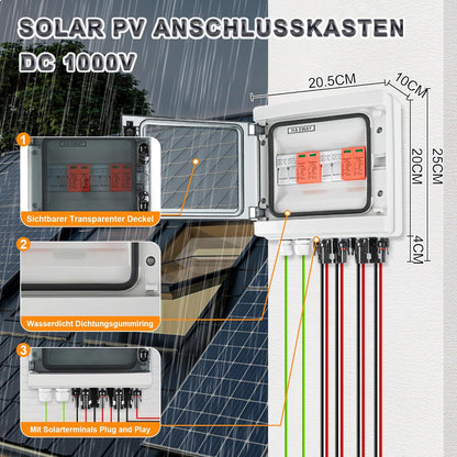 Overspanningsbeveiliging PV DC1000V bliksembeveiliging PV installatie 20-40 KA, overspanningsbeveiliging op zonne-energie, 2 snaren, 8 modules met 16 A-zekering, IP65 waterdicht en