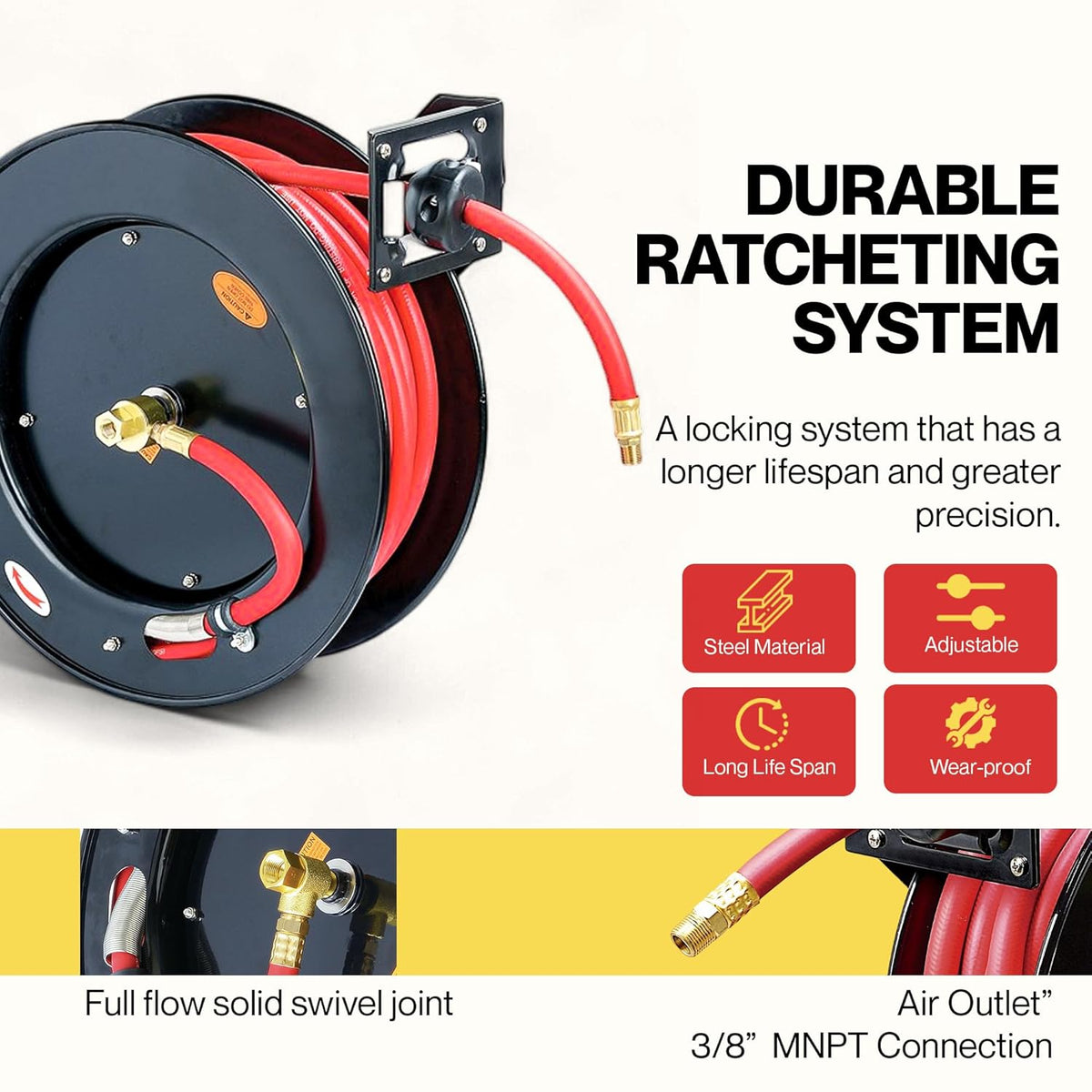 ReelWorks L815153HA Stalen Intrekbare Luchtcompressor/Waterslanghaspel met 3/8 "x 50 'Hybride Polymeerslang, Max. 300 psi
