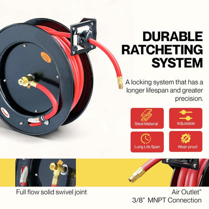 ReelWorks L815153HA Stalen Intrekbare Luchtcompressor/Waterslanghaspel met 3/8 "x 50 'Hybride Polymeerslang, Max. 300 psi