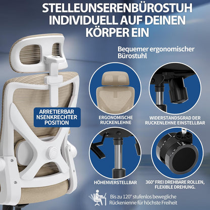 TRALT Bureaustoel - Ergonomische bureaustoel met verstelbare lendensteun hoofdsteun Office Desk Chair - Gaming stoel in X-vorm bureaustoel - Bureaustoelcomputerstoel 150kg Khaki