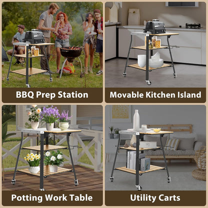 GFTIME Universele draagbare grillwagen, rollende roestvrijstalen grilltafel, keukeneiland multifunctionele wagen voor Solo Stove & Ninja Woodfire outdoor BBQ, grillstandaard met WPC-planken en 360°
