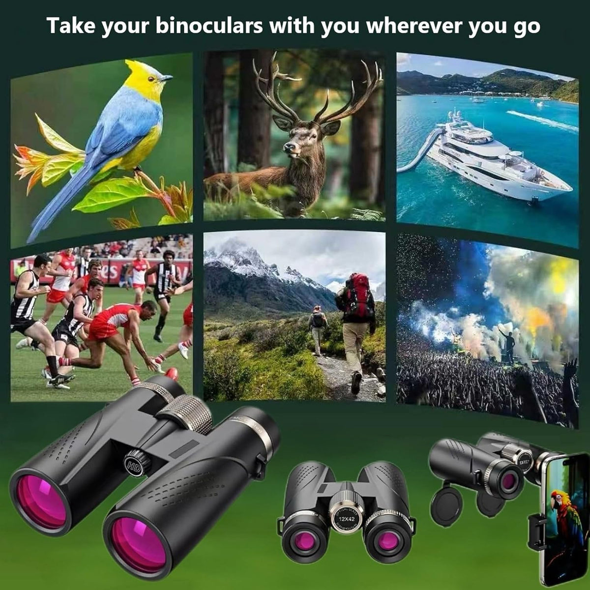 verrekijker, met BAK4-prisma's en FMC-coating, verrekijker voor volwassenen, high-definition, geschikt voor vogels spotten, wandelen, concerten en reizen.