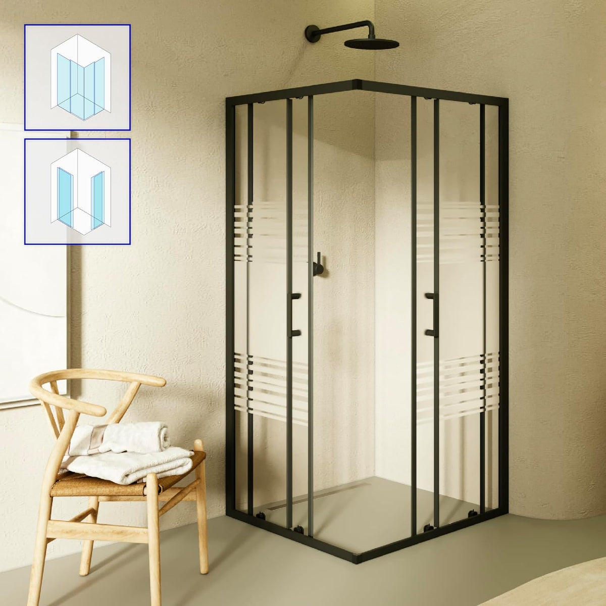 Douchecabine – Douchewand – Douchecabine Hoek – Douchecabine Schuifdeur – Veiligheidsglas – 90x90 cm – 6 mm ESG Veiligheidsglas – Zwarte Profielen – Partieel Gesatineerd – Hoogte 190 cm