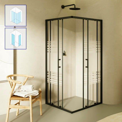 Douchecabine – Douchewand – Douchecabine Hoek – Douchecabine Schuifdeur – Veiligheidsglas – 90x90 cm – 6 mm ESG Veiligheidsglas – Zwarte Profielen – Partieel Gesatineerd – Hoogte 190 cm