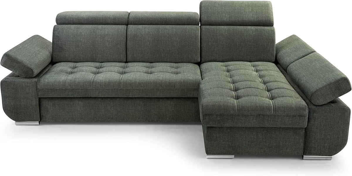Corner Sofa with Sleeping Function and Practical Bed Drawer - Comfortable Sofa Bed L Shape 264x165cm with Movable Headrests, Folding Sofa Bianco Grey, Sofa Right - QUORE