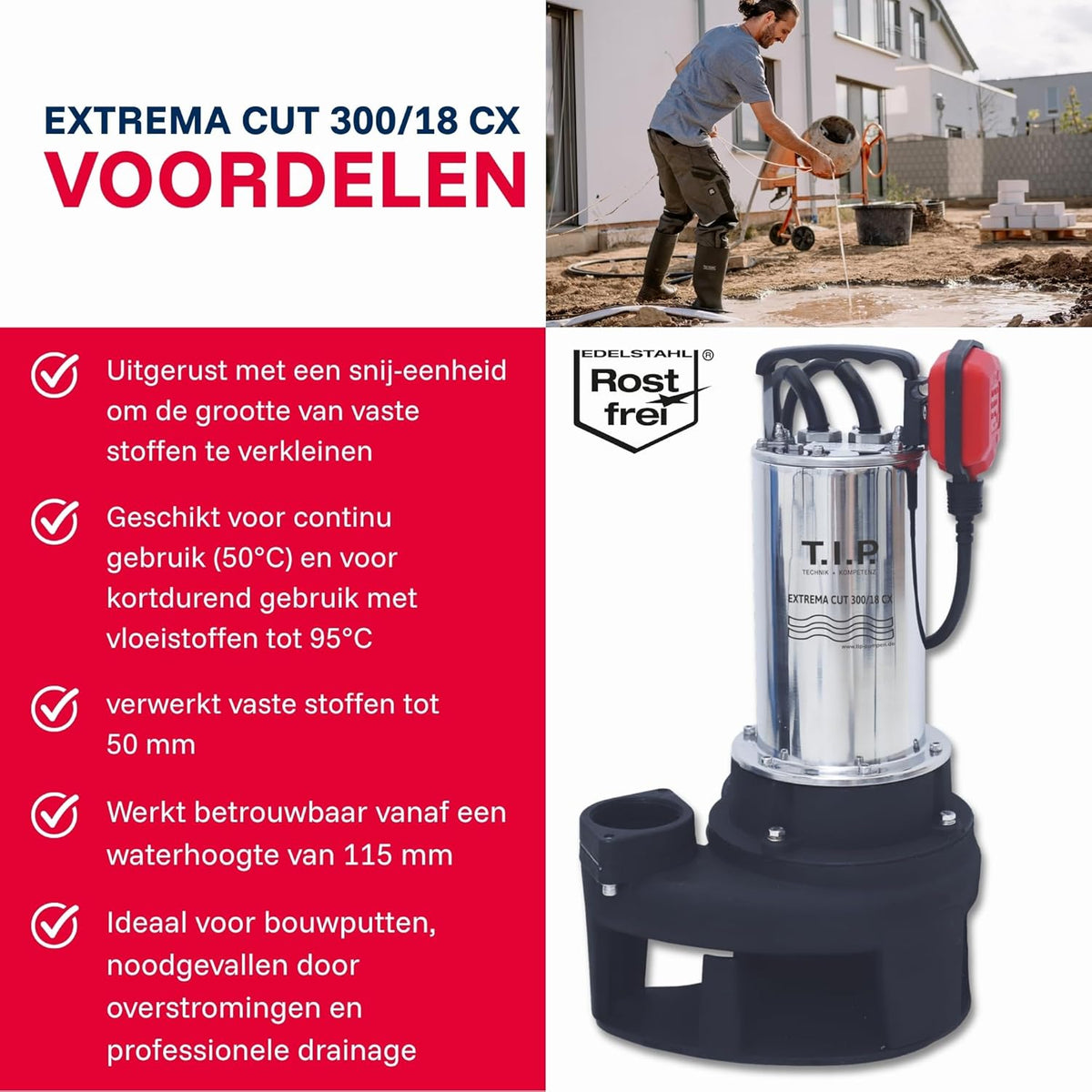 T.I.P. Extrema CUT 300/18 CX 30277 Vuilwaterpomp, met Reamer Grinding versnijdingspomp, debiet van 18.000 l/u, gietijzeren pompbehuizing, vloeistoffen tot 50 °C, ca. 4 min. tot 90 °C mogelijk