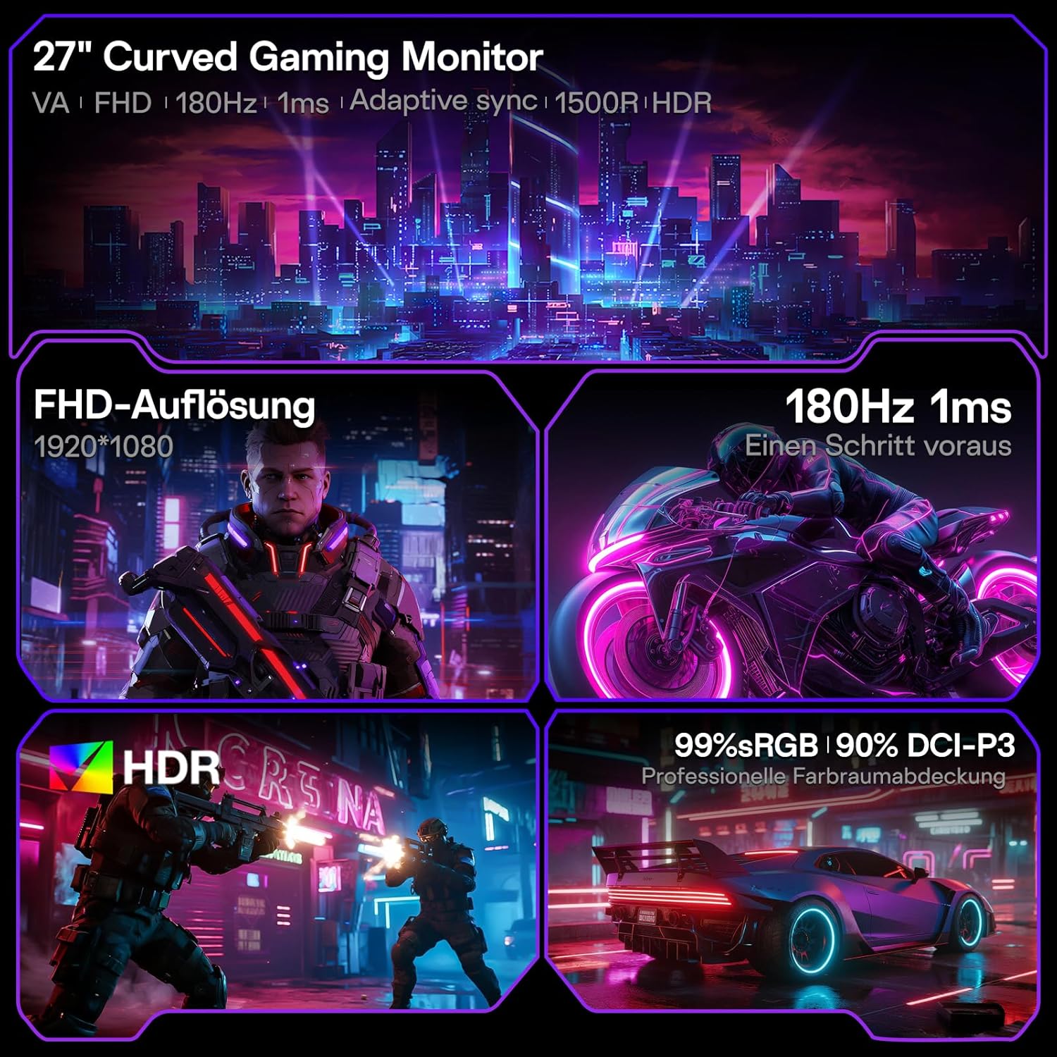 KOORUI 27 Zoll Curved Gaming Monitor 180Hz, 1ms, 1920x1080, FHD, 1500R, Adaptive-Sync, HDR10, VESA, inklusive DP and HDMI Cable - QUORE