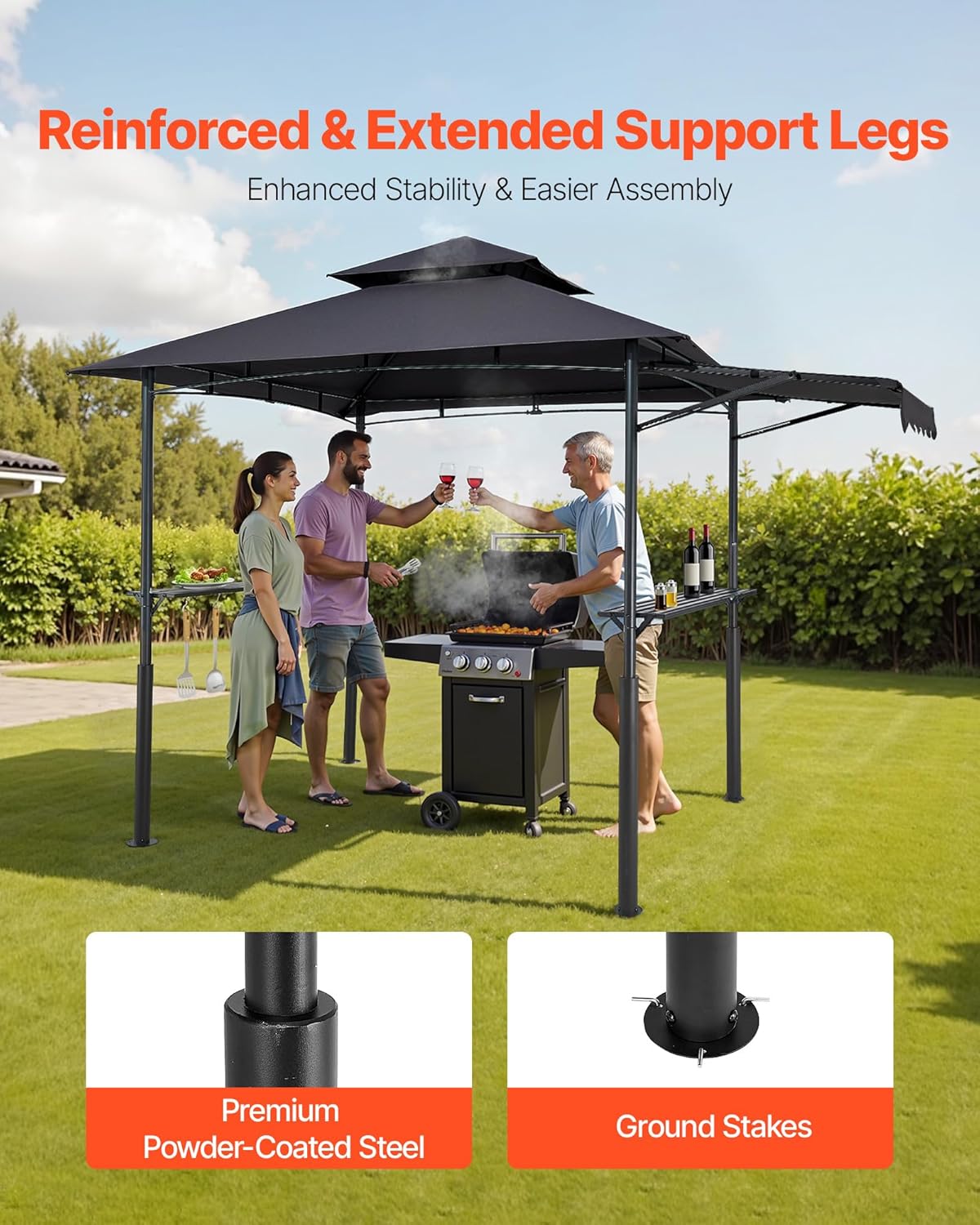VEVOR Grillpaviljoen, 2,4 x 1,5 m dubbel gelaagd bovenblad, versterkt barbecue-paviljoen met extra luifel, gepoedercoat stalen terrasgrillonderdak met 2 zijplanken en haken, buitengrillluifel voor