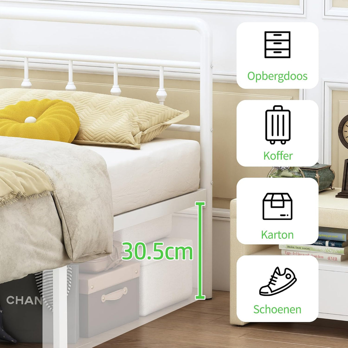 EMODA Metalen Bedframe 90 x 200 cm met vintage style Hoofdeinde en Voetenbord, Heavy Duty Bedframe 36cm hoog met stalen lattenbodem, Eenvoudige montage, Geluidsvrij, Wit
