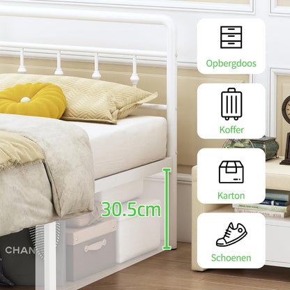 EMODA Metalen Bedframe 90 x 200 cm met vintage style Hoofdeinde en Voetenbord, Heavy Duty Bedframe 36cm hoog met stalen lattenbodem, Eenvoudige montage, Geluidsvrij, Wit