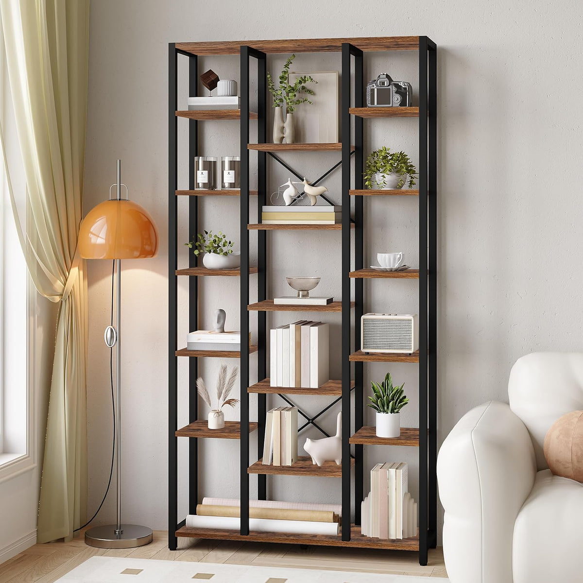 Hzuaneri bookshelf, bookcase with 7 levels and 18 open shelves, adjustable storage cabinet for living room and home office, 30 x 100 x 200 cm, Rustic Brown and Black, BC15601B