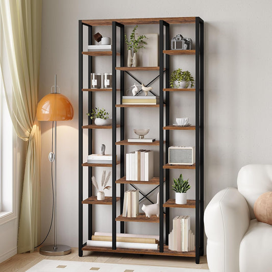 Hzuaneri bookshelf, bookcase with 7 levels and 18 open shelves, adjustable storage cabinet for living room and home office, 30 x 100 x 200 cm, Rustic Brown and Black, BC15601B