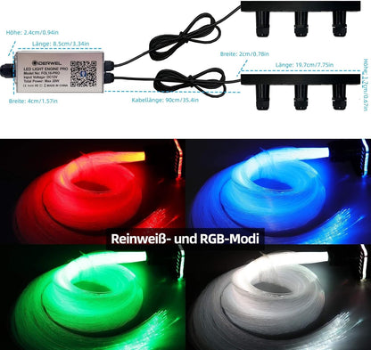 GIDEALED Twinkle Sterrenhemel glasvezel licht voor auto / thuis, 600 stuks x 3 m x 0,75 mm Star plafondlampenset met app/afstandsbediening RGBW Fiber Optic Light muziekmodus, tijdfunctie en