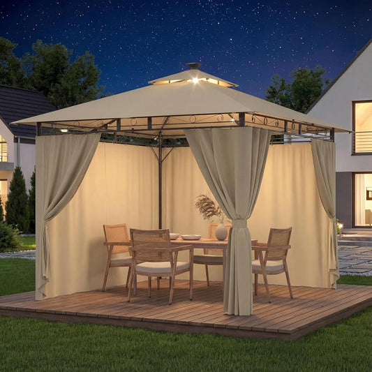 Tuinpaviljoen – Tuinoverkapping – Pergola – Terrasoverkapping – Feesttent – Stevig Stalen Frame – LED Verlichting Met Zonne- en USB-oplaadfunctie