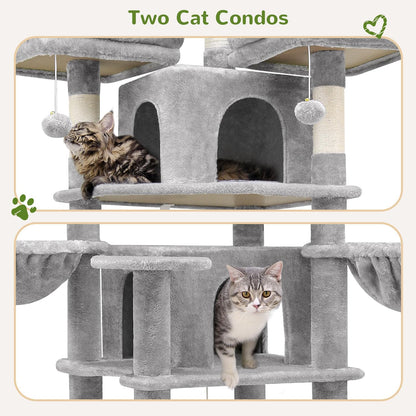 Krabpaal XXL – Krabmeubel – Kattenboom – Krabton – Kattenmeubel – Lichtgrijs – 204 cm Hoog – Luxe Met 3 Gevoerde Zitstokken & 2 Kattenhuisjes