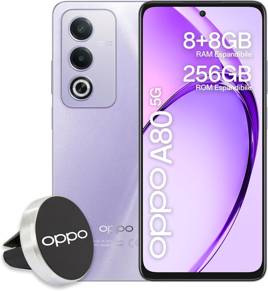 OPPO A80 5G Smartphone, AI dubbele camera 50 + 2 MP, selfie 8 MP, display 6,67 inch 120 Hz LCD HD+, 5100 mAh, RAM 16 GB (8 + 8) + ROM 256 GB (esp1TB), IP54, autohouder [Italiaanse versie], Moonlight