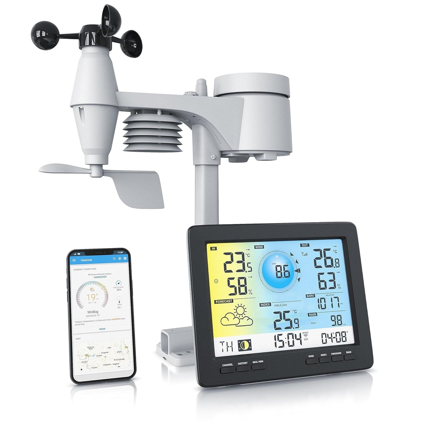 Brandson - Draadloos weerstation met 5-in-1 buitensensor – weergegevens via app – weersvoorspelling – binnen- en buitentemperatuur – windmeter en regensensor – windrichting – lcd-kleurenscherm
