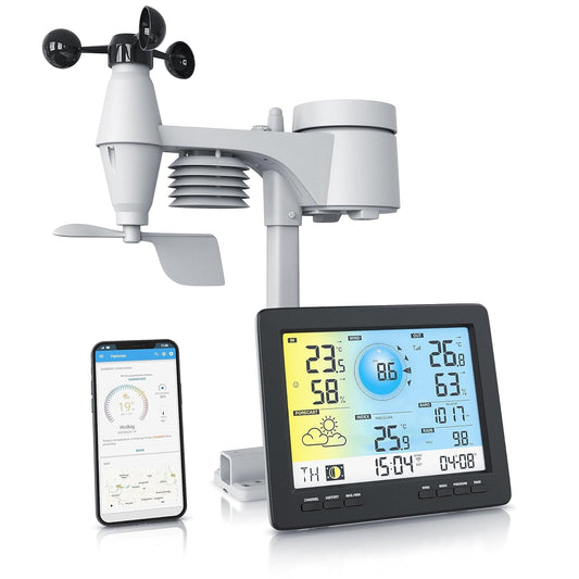Brandson - Draadloos weerstation met 5-in-1 buitensensor – weergegevens via app – weersvoorspelling – binnen- en buitentemperatuur – windmeter en regensensor – windrichting – lcd-kleurenscherm