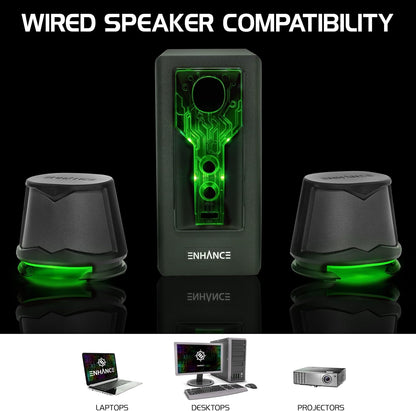 ENHANCE SB 2.1 Computerluidspreker met subwoofer – groene led-gamingluidspreker, high-excursie-geluidssysteem, AC-voeding, volume- en basregeling, compatibel met gaming-pc, desktop, laptop
