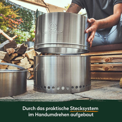 Vuurschaal roestvrij staal BURNHARD® rookarm, secundaire verbranding, steeksysteem, uitneembare aslade, draagtas – Sfeervol vuur