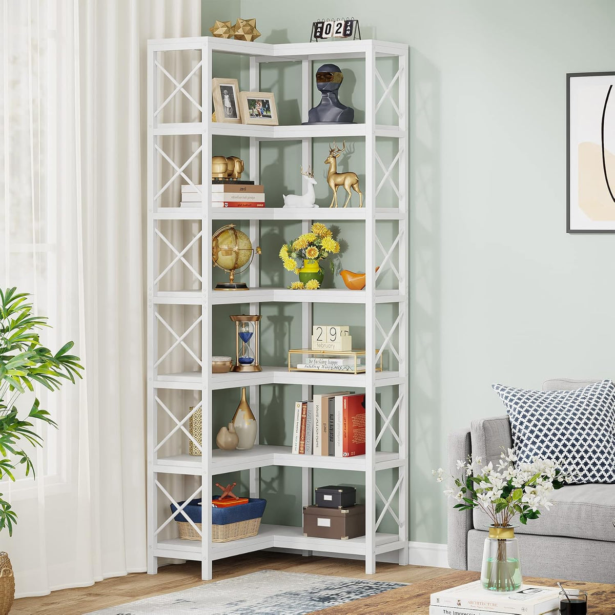 Tribesigns Corner Rack with 7 Shelves, Large Modern Corner Shelf, 7 Stories Corner Shelf with Metal Frame for Living Room, Home Office (White)