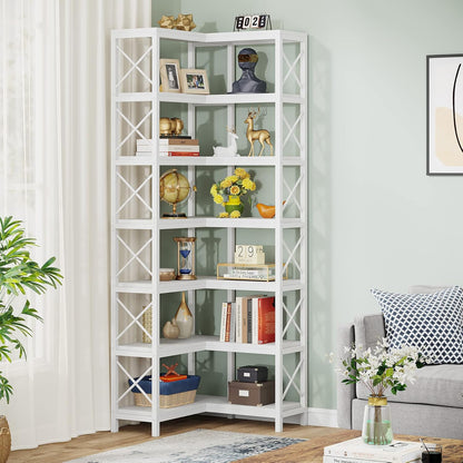 Tribesigns Corner Rack with 7 Shelves, Large Modern Corner Shelf, 7 Stories Corner Shelf with Metal Frame for Living Room, Home Office (White)