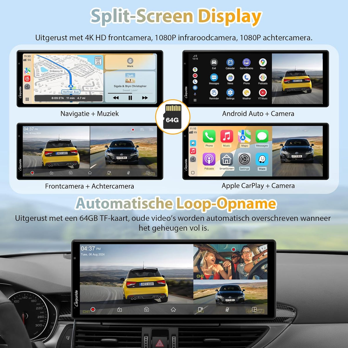 Carpuride W903S Draagbare Draadloze CarPlay & Android Auto met Dash Cam - HD IPS-Scherm, 4K-Frontcamera + 1080P-Achtercamera + 1080P-Infraroodcamera, Loop-Opname, Bluetooth, GPS, Siri, Muziek