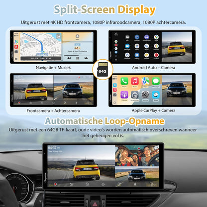 Carpuride W903S Draagbare Draadloze CarPlay & Android Auto met Dash Cam - HD IPS-Scherm, 4K-Frontcamera + 1080P-Achtercamera + 1080P-Infraroodcamera, Loop-Opname, Bluetooth, GPS, Siri, Muziek