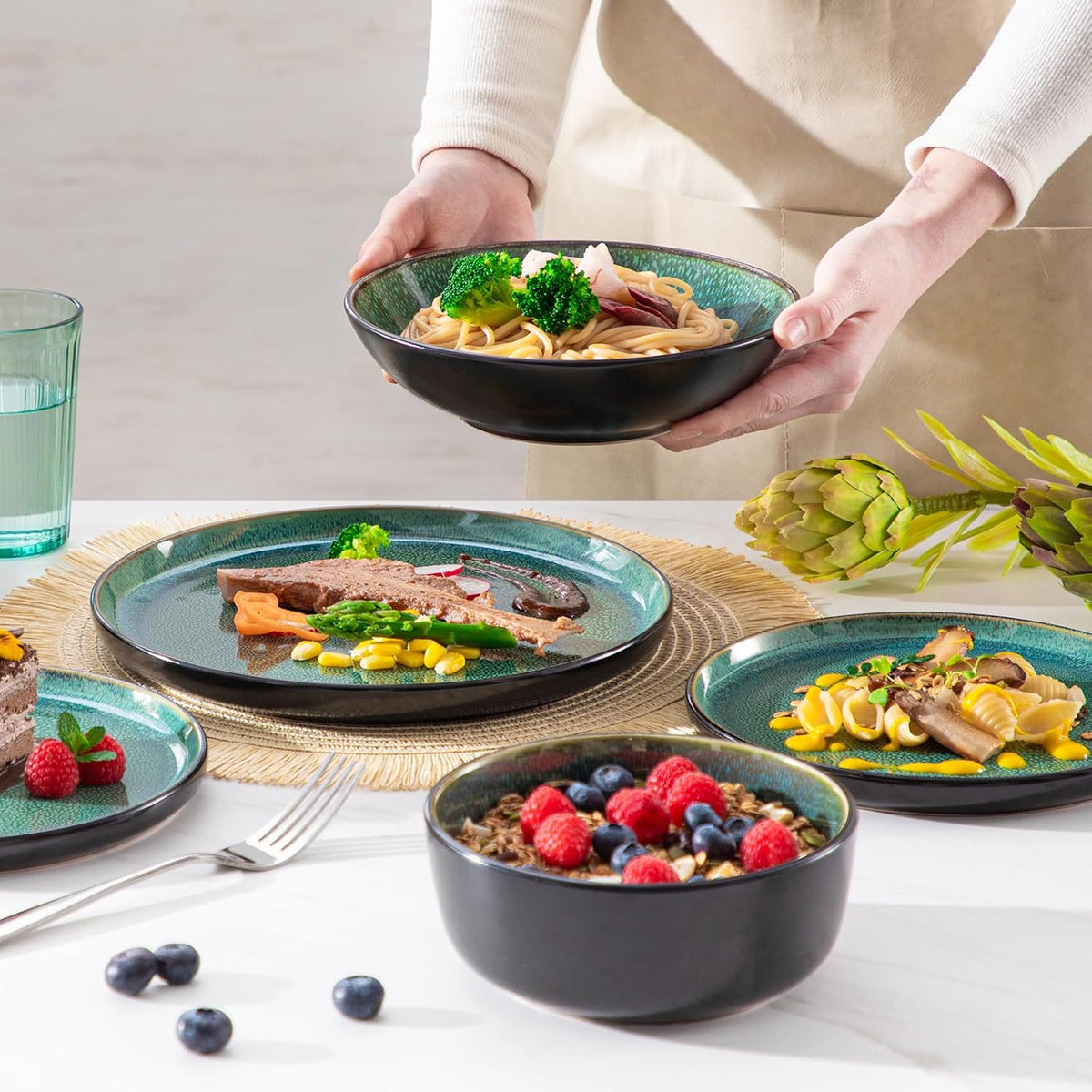 vancasso 24-delig eetservies, keramische borden en schalen set voor 6, mediterrane stijl diner sets in levendig groen, Playa serie eetservies set voor 6