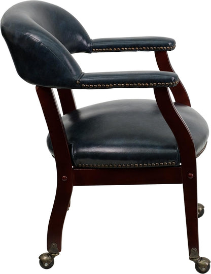 Conferentiestoel – Vergaderstoel – Kapiteinsstoel – Bureaustoel – Wachtruimtestoel – Set van 1 – Marineblauw Vinyl – Massief Hardhouten Frame