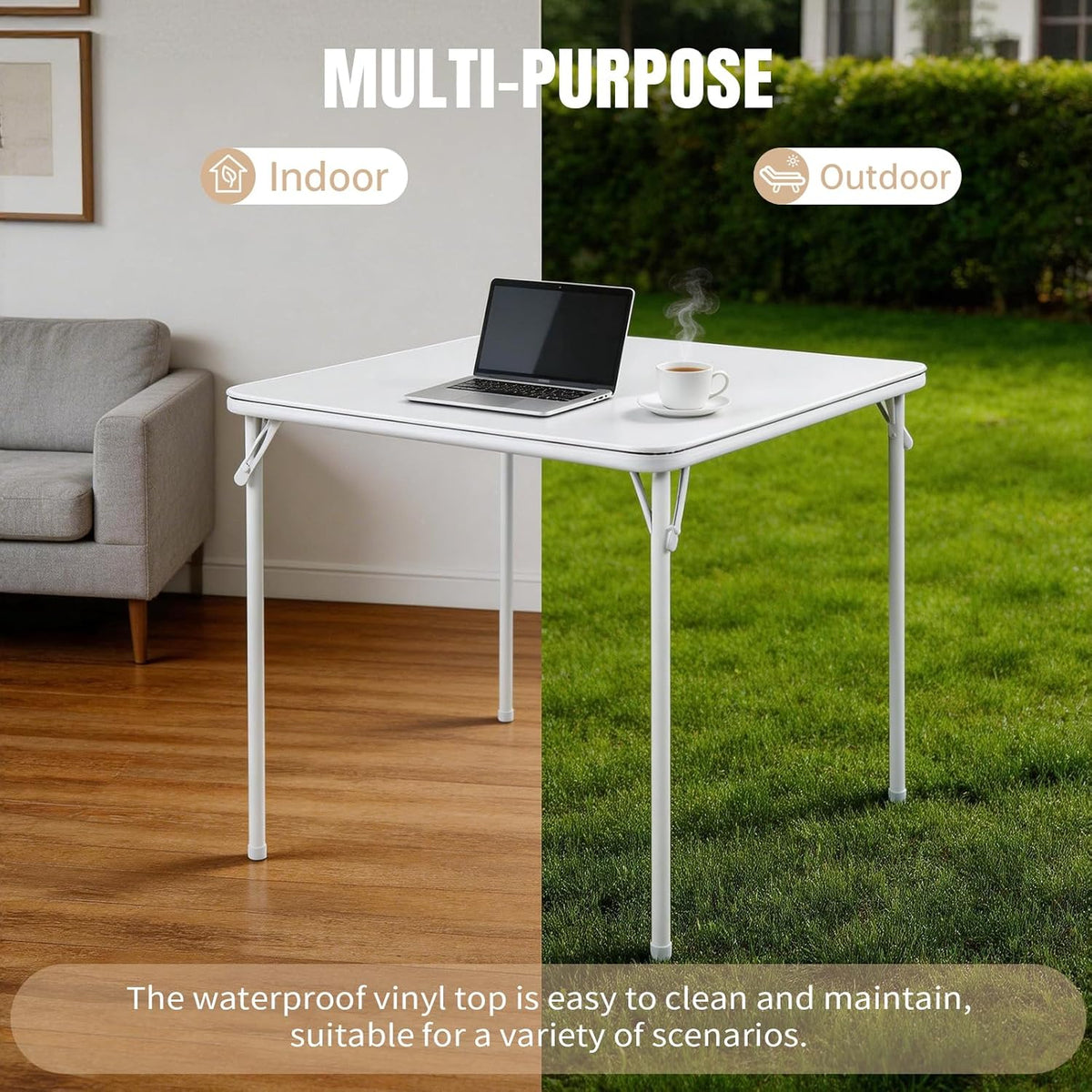 Vierkante klaptafel, draagbaar, robuuste kaarttafel met vinylplaat, voor binnen en buiten, opvouwbare tafel voor feest, picknick, camping, kantoor en evenementen (wit)