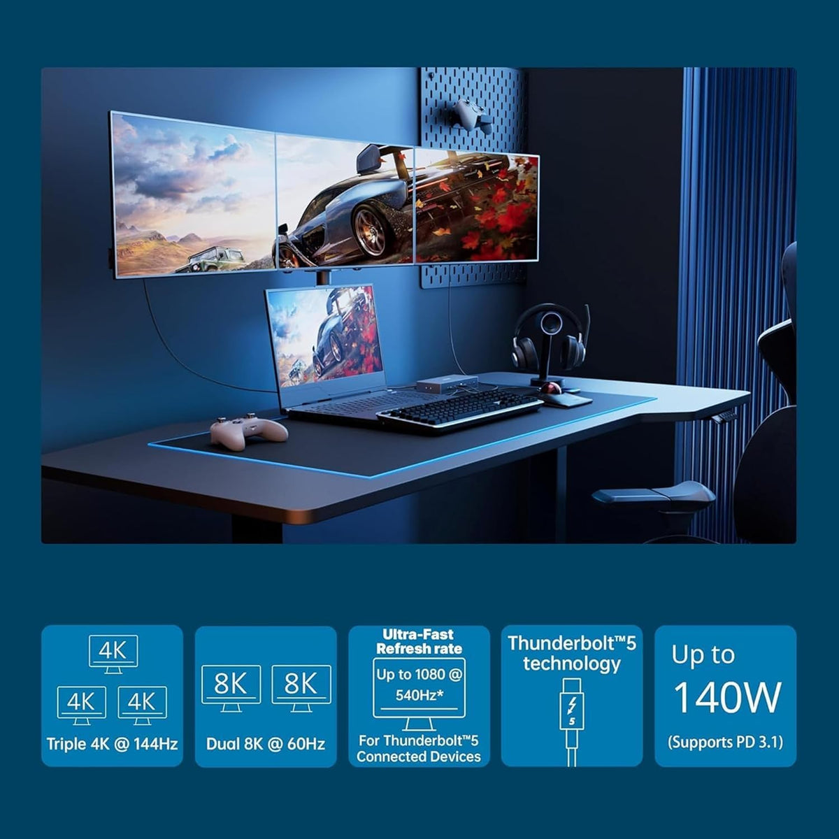 Kensington SD5000T5 EQ Thunderbolt 5 Docking Station, Triple Monitor 8K/4K, SD- & MicroSD-kaartlezer, 140W Power Delivery, 3x Thunderbolt 5, Ethernet & USB 3.2 Gen2 – Space Grey (K35201EU)